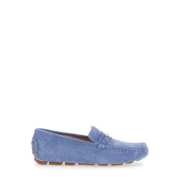 Pollini Blue Loafers With Logo Plaqe On The Front In Grained Leather Woman